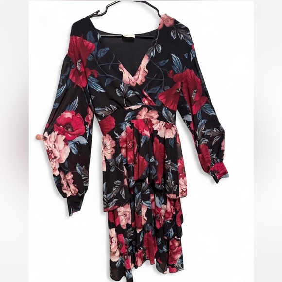 Ember Floral Black and Red Tiered Dress - Picture 1 of 7